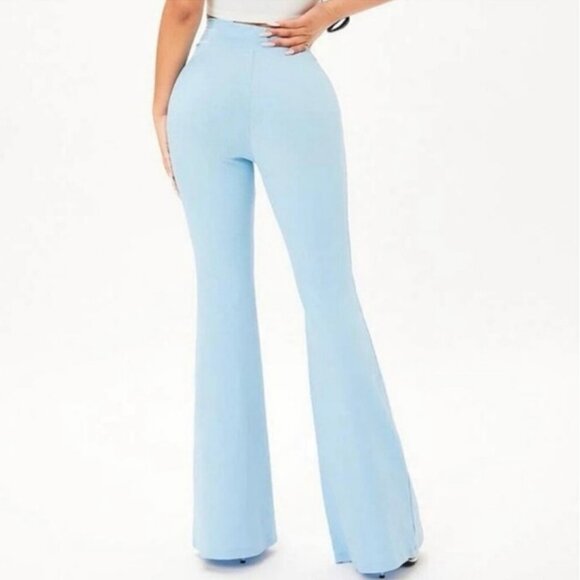 NWT Shein Sky Blue Flare Pants Ribbed High Waist Stretch Leggings Size Small - Picture 2 of 7